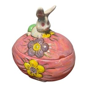 Vintage 80s Iridescent Ceramic Easter Egg Bunny Trinket Box Pink Luster Floral